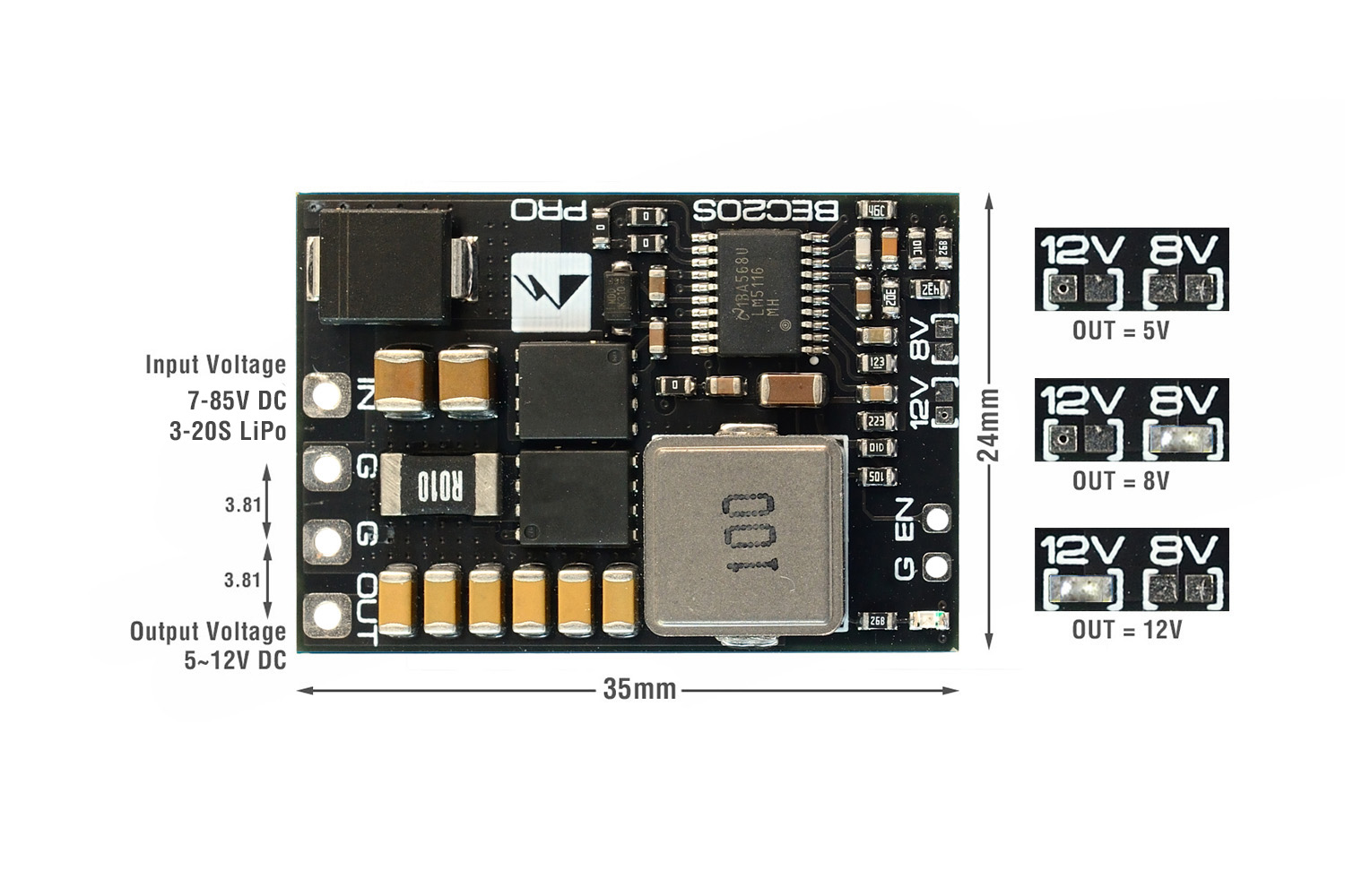 Модуль питания BEC20S-PRO, 7-85V to 5V/8V/12V-5A