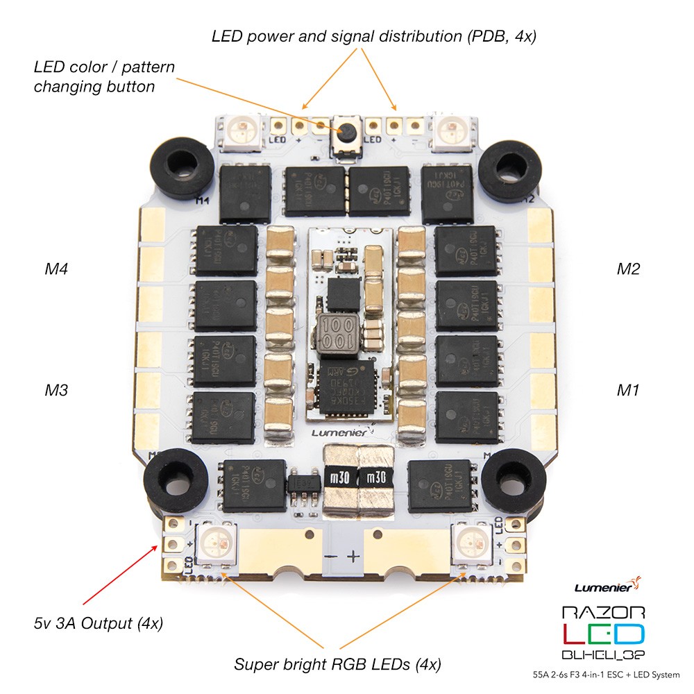 Комплект полётного контроллера и ESC Lumenier LUX F7 Ultimate + Razor LED 55A Bundle (F7 FC, 55A 2-6S BLHeli_32 ESC) фото 7